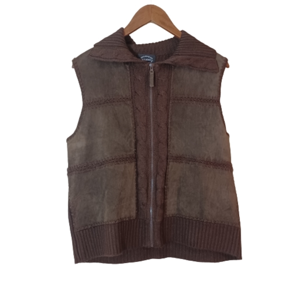 DESIGNERS ORIGINALS STUDIO Dark Brown Suede Leather Knit Mix Sweater Vest Top